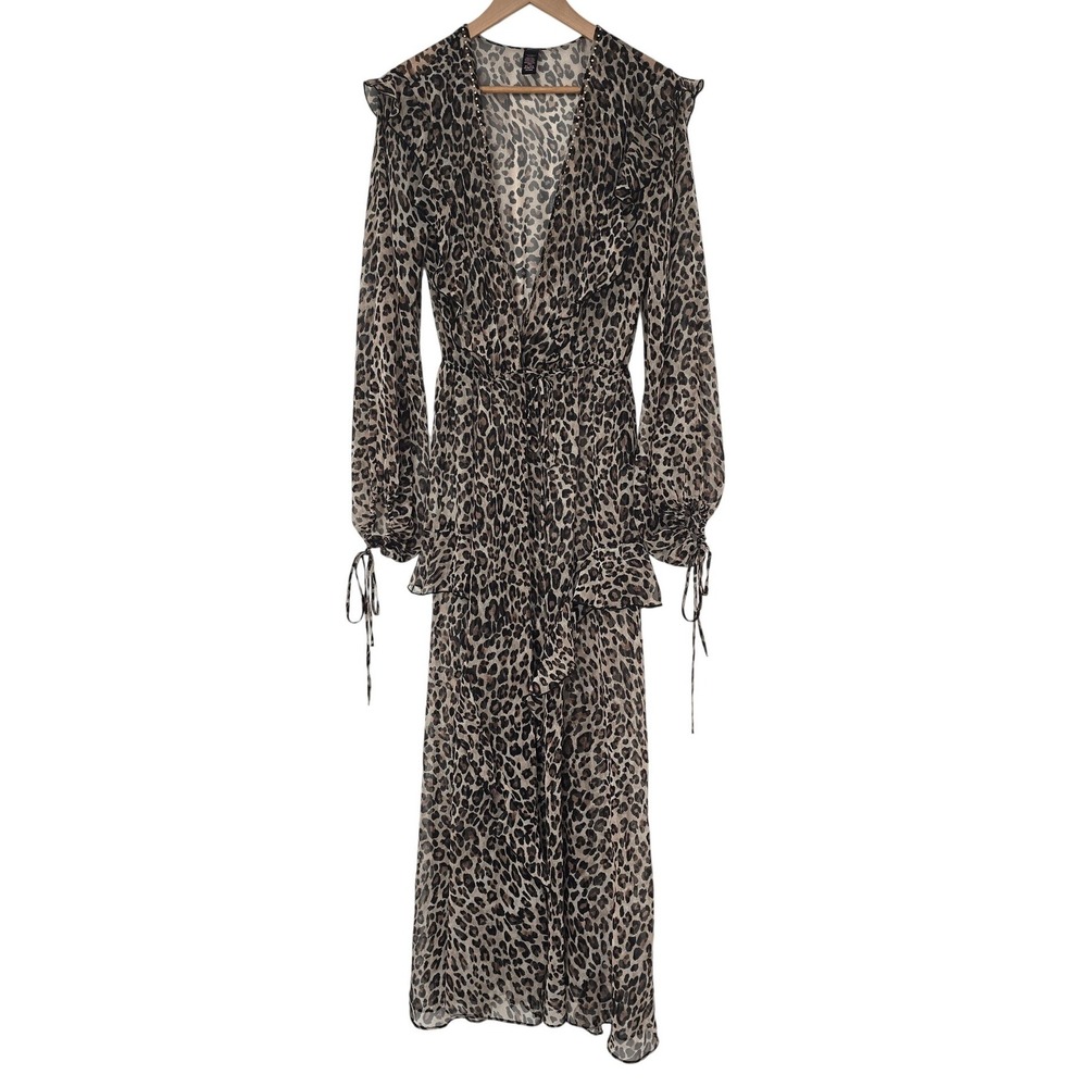 Victorias Secret Leopard Print Ruffle Maxi Robe Studded Sheer Brown M/L